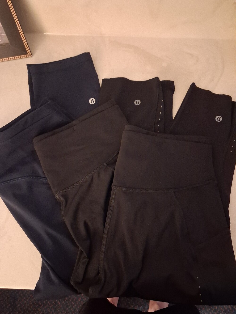 3 Pairs  Lululemon Yoga bottons. 2 Black Capri 1 Navy Blue legging Sz S
